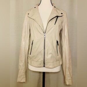 Women's Cream Faux Leather Jacket with Zipper Details